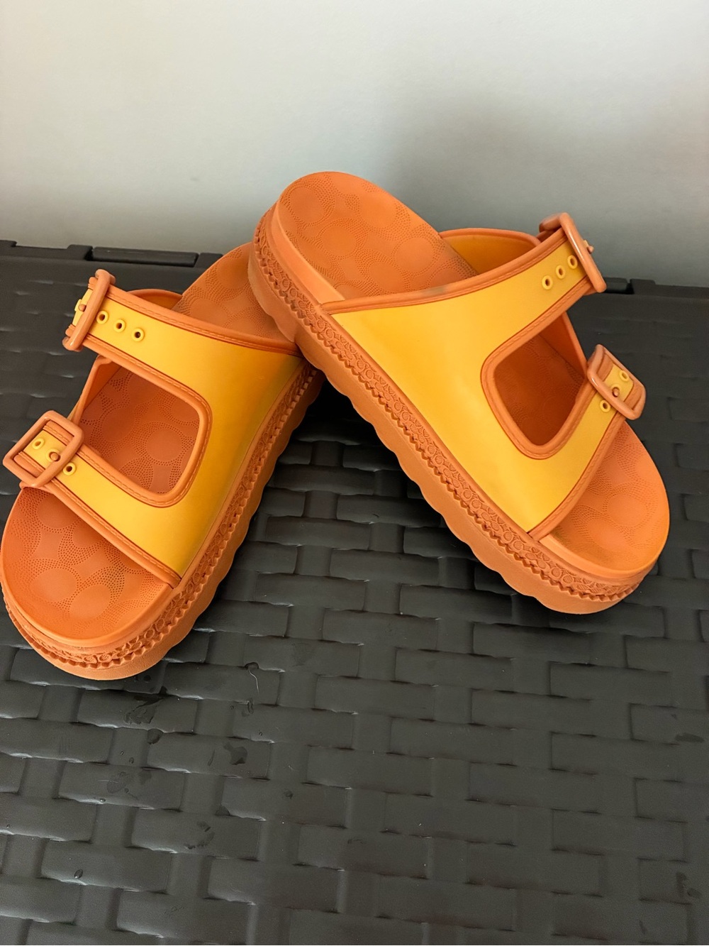 Coach Two-Tone Yellow and Orange Slide Sandals - Picture 2 of 5